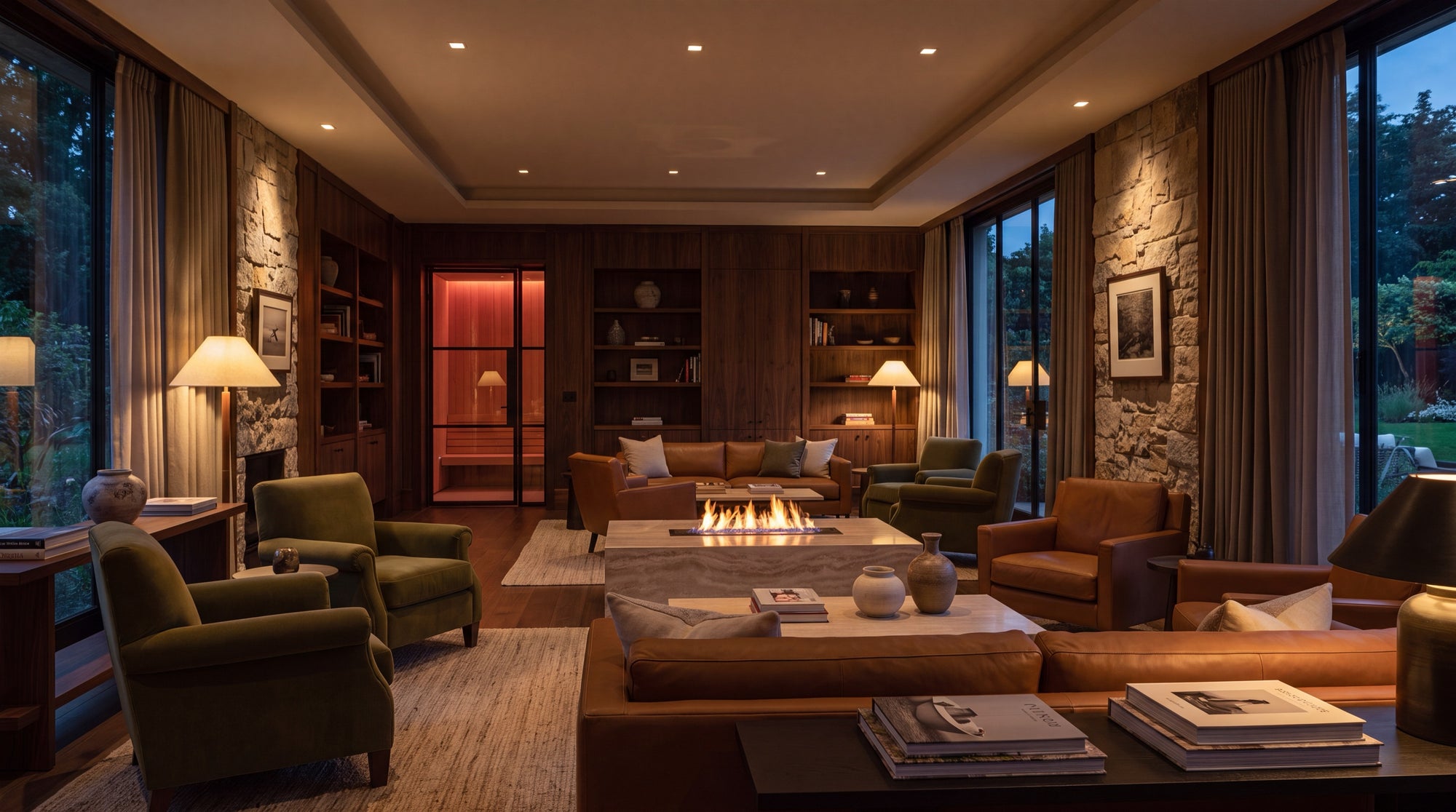 The CoLab FXBG membership lounge with layered warm lighting and fire table