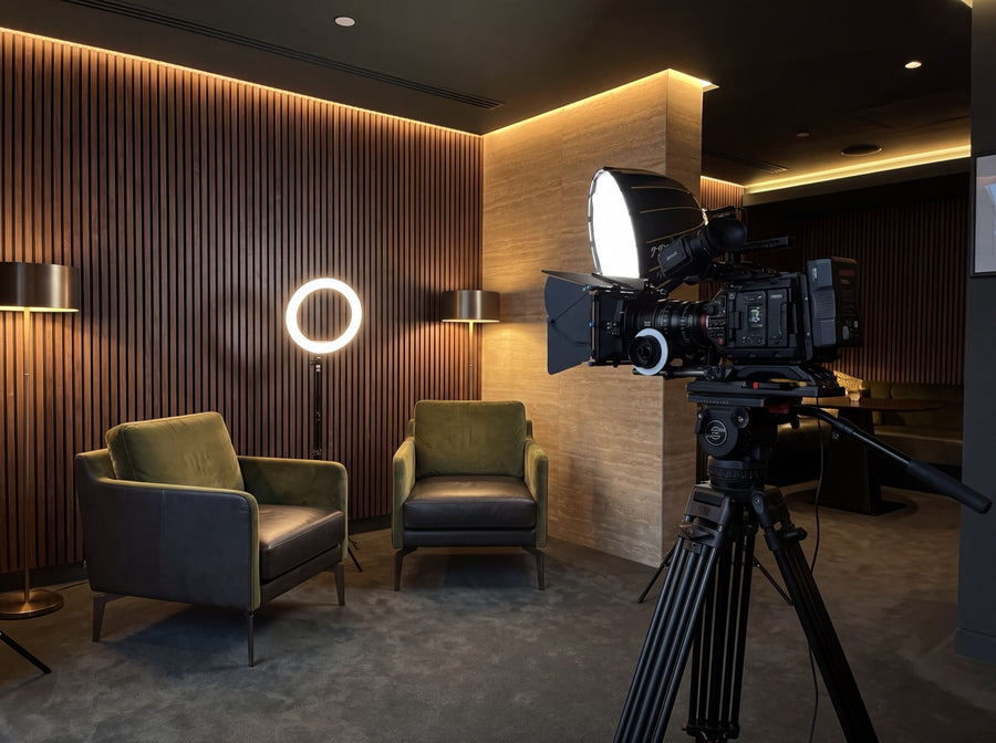 Professional content creation studio with cinema camera and warm lighting