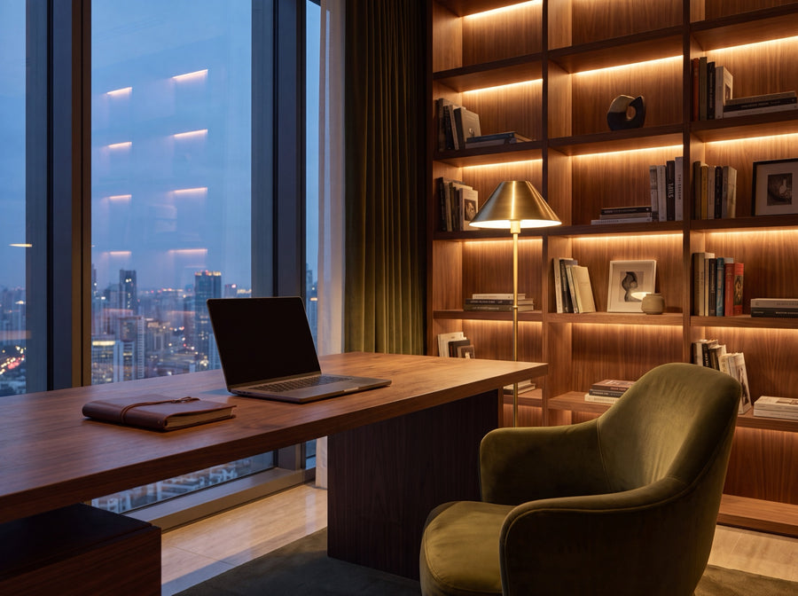 Refined founder workspace with walnut desk and dusk city view
