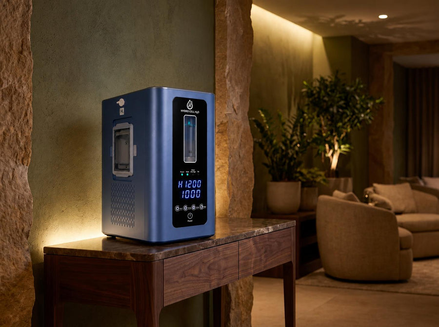 Molecular hydrogen therapy device on a walnut console